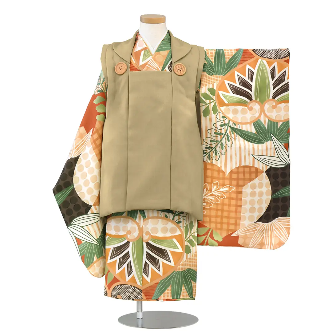 花わらべ》茶色地に葵の着物、カーキの被布コートセット／七五三・三歳