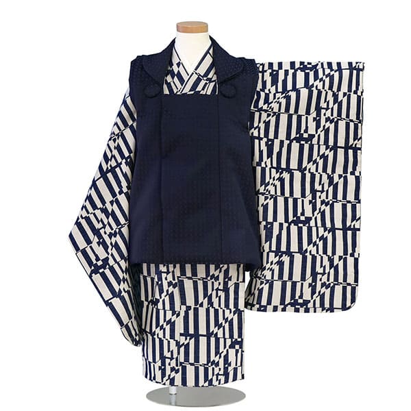 七五三着物レンタル／《花わらべ》紺と白の変わり縞、紺色の被布コート