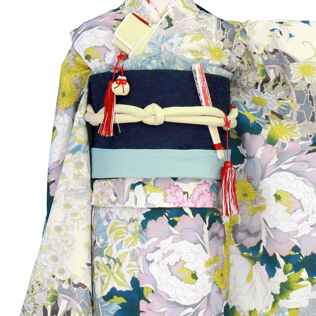 PR+》白地に藤色の牡丹と花車の着物／七五三・七歳女の子 | 宅配