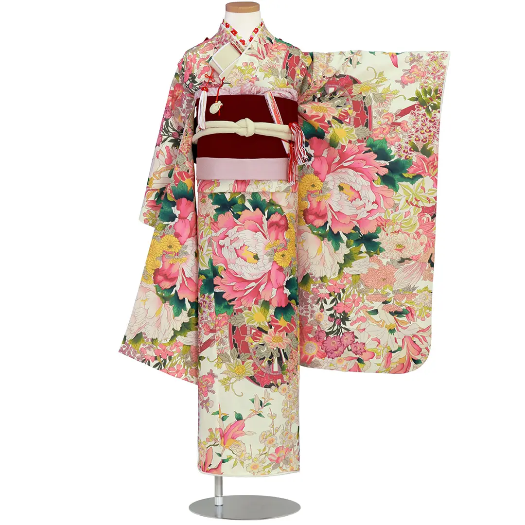 PR+》白地に藤色の牡丹と花車の着物／七五三・七歳女の子 | 宅配