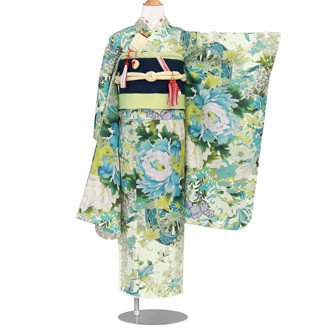 PR+》白地に水色の牡丹と花車の着物／七五三・七歳女の子 | 宅配着物