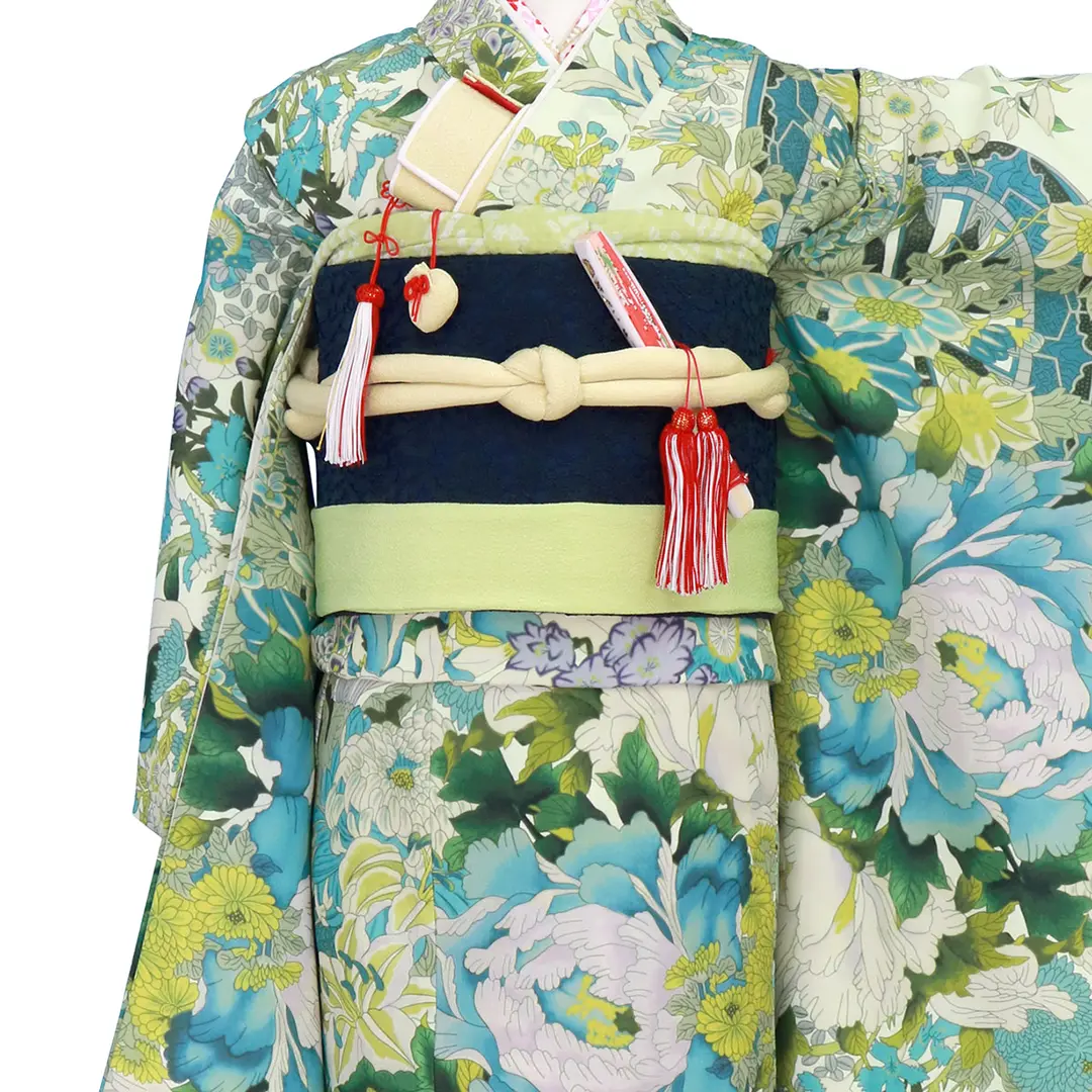 PR+》白地に水色の牡丹と花車の着物／七五三・七歳女の子 | 宅配着物