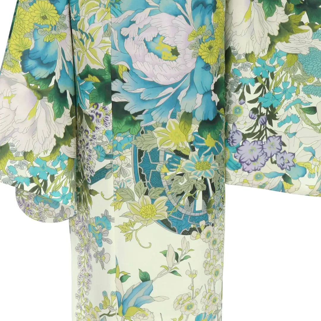 PR+》白地に水色の牡丹と花車の着物／七五三・七歳女の子 | 宅配着物