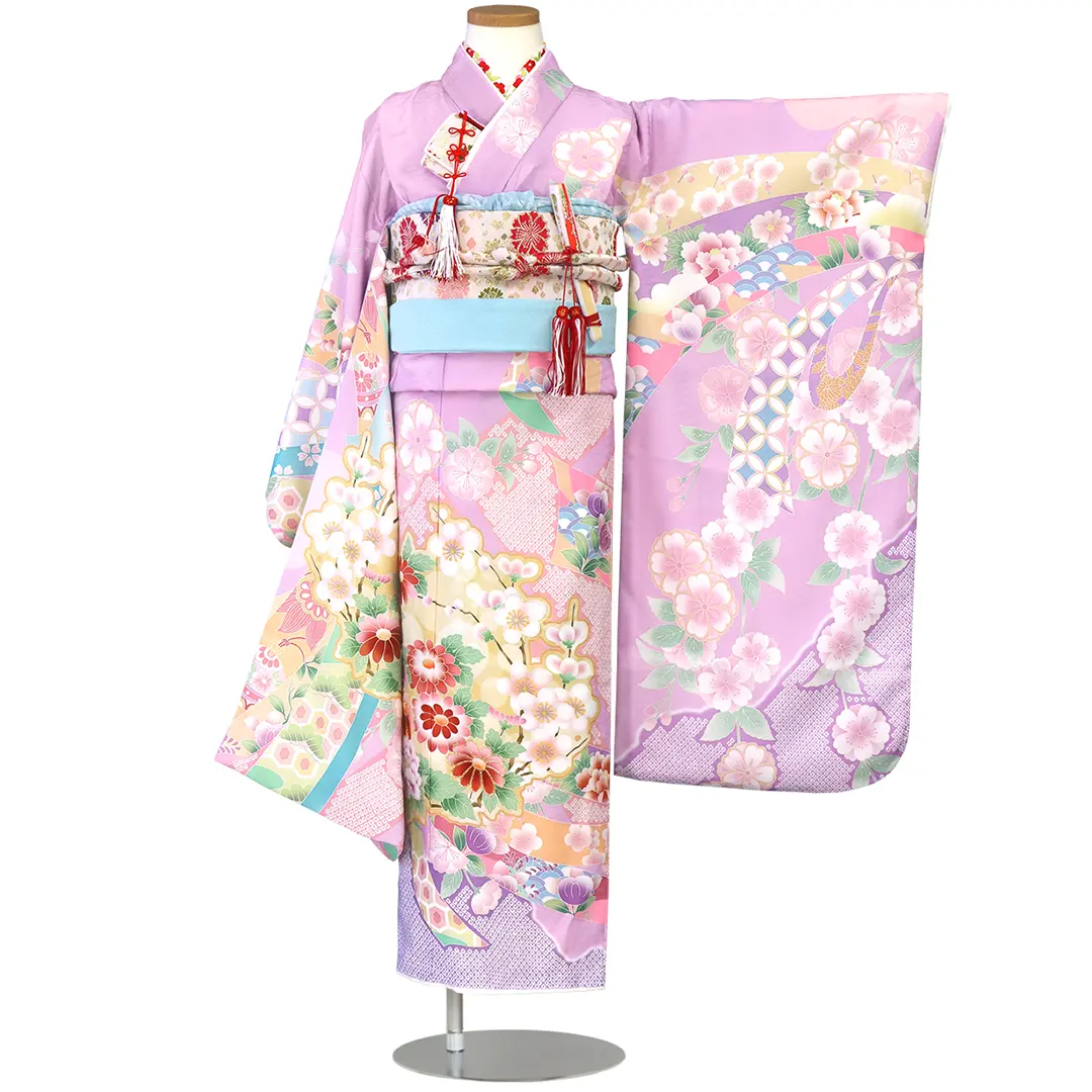 式部浪漫》源氏香・ピンクの着物（赤帯にアイボリー）／七五三・七歳