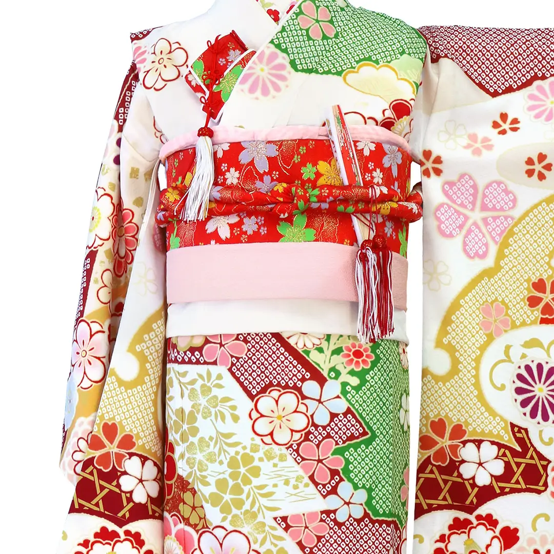 《式部浪漫》白と緑の辻が花風の着物／七五三・七歳女の子