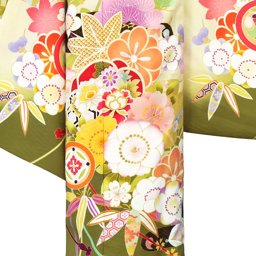 新品着物☆クリーム色大きな花模様☆作り帯フルセット KIMONOMACHI 洗える着物 セット 「袷着物＋京袋帯＋帯揚げ＋帯締め＋