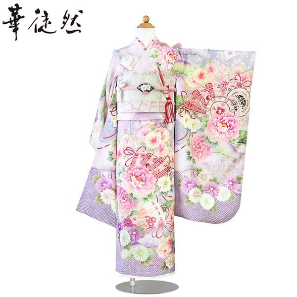 華徒然》薄紫地に牡丹と檜扇の着物／七五三・七歳女の子 | 宅配