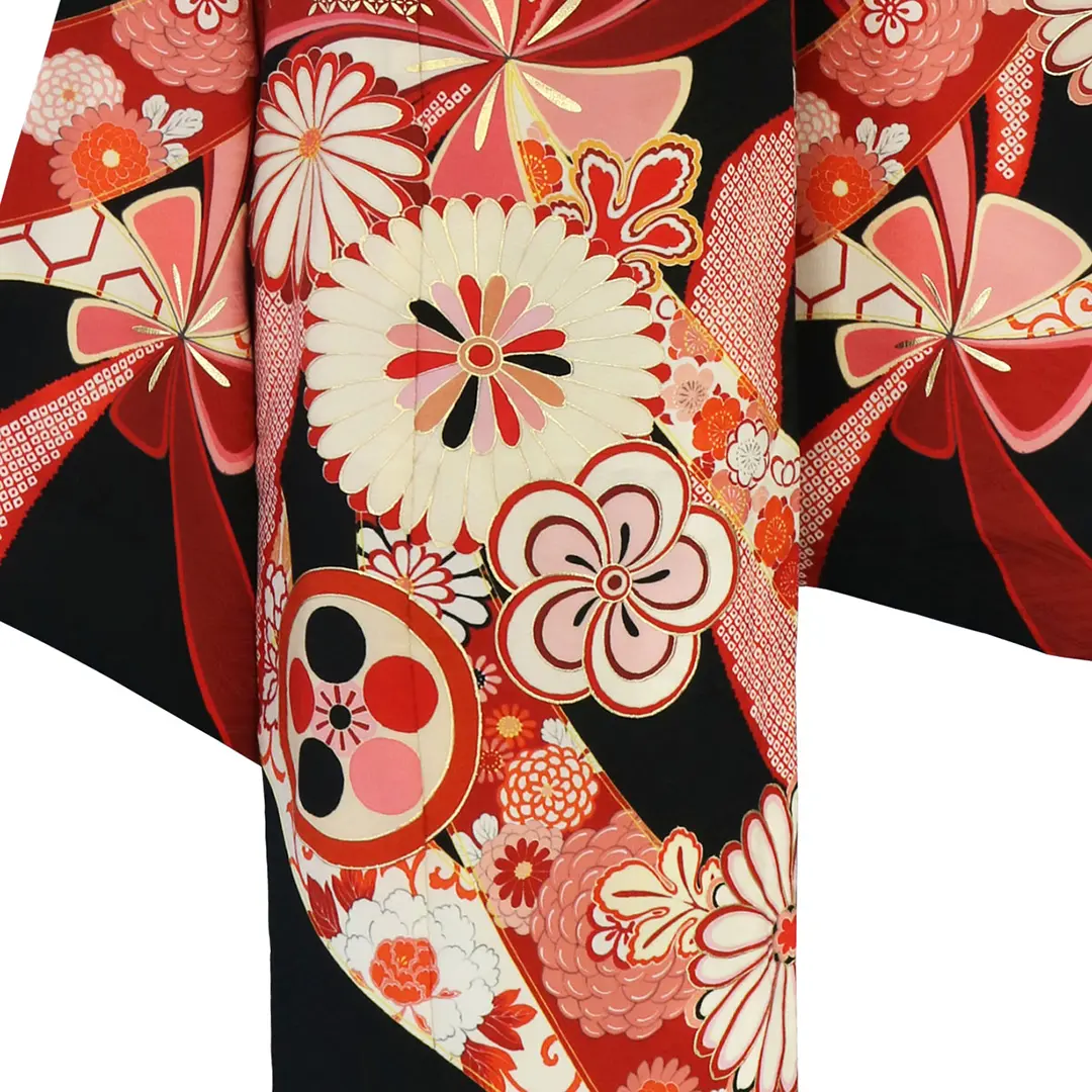 LOWRYS FARM》レトロ熨斗の着物に亀甲帯 黒／七五三・七歳女の子