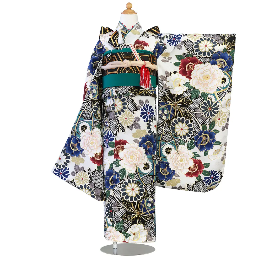 花わらべ》白地に疋田と鞠と百花の着物／七五三・七歳女の子