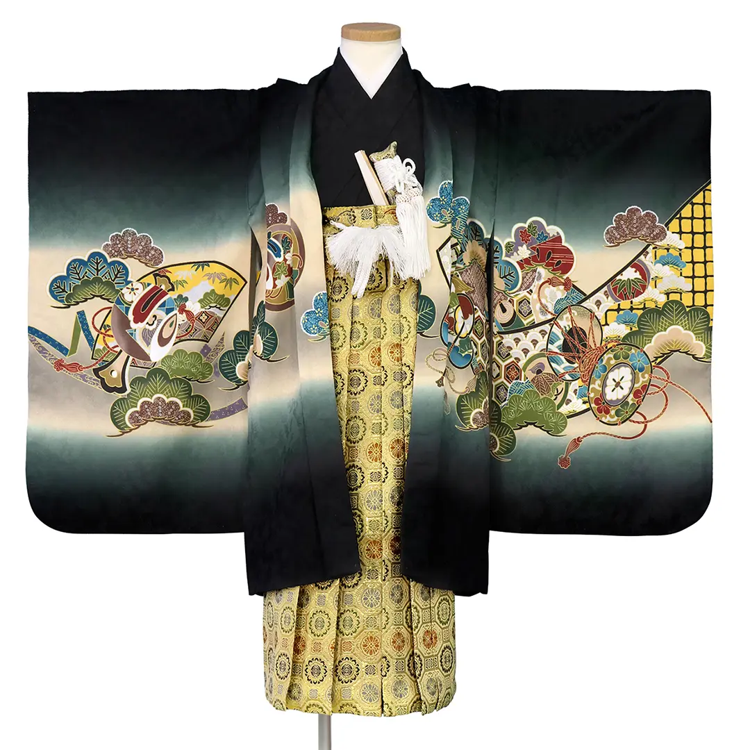 黒地に鷹と太鼓、金襴の袴／七五三・五歳男の子・袴 | 宅配着物