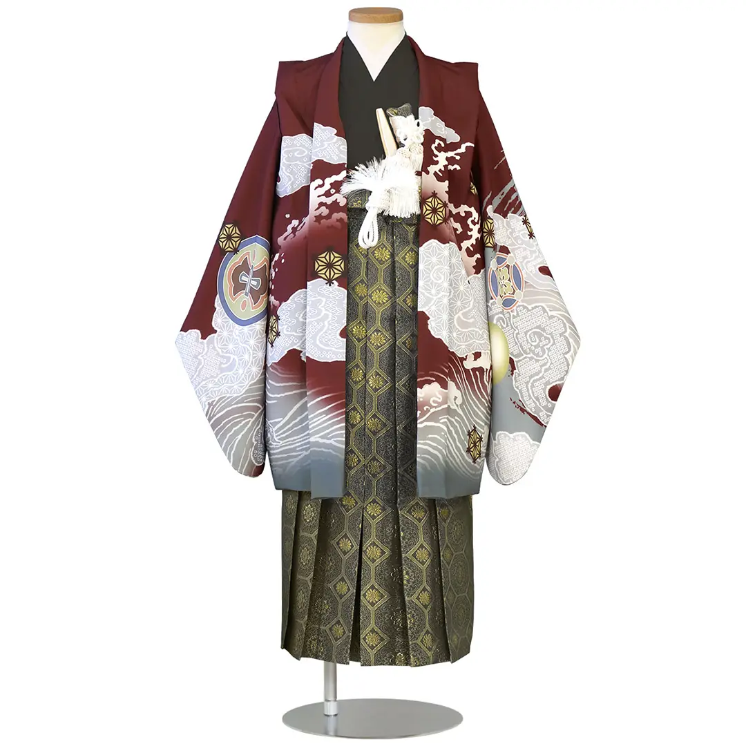 臙脂に雲龍と丸紋、藍鼠の袴／七五三・五歳男の子・袴