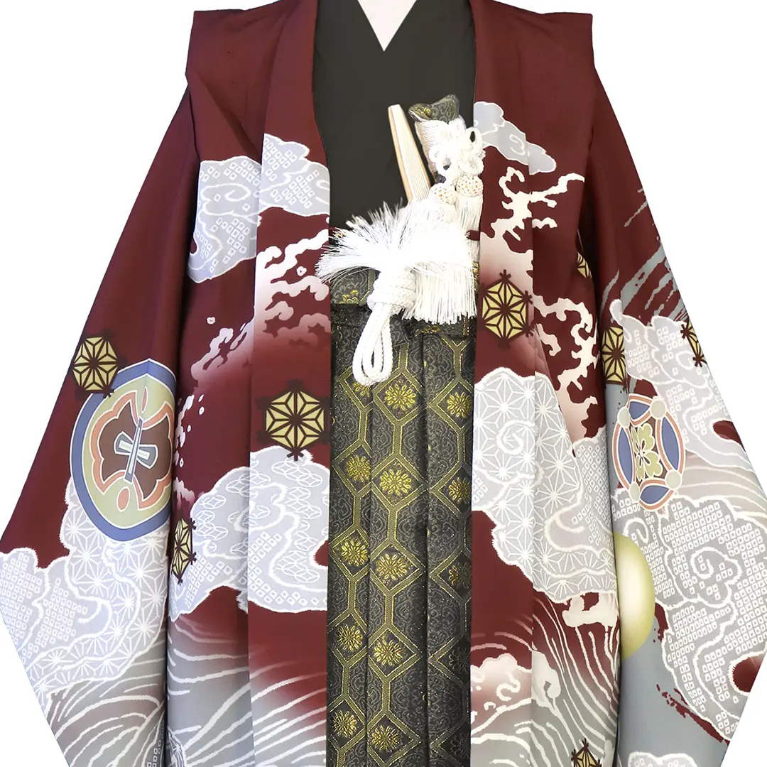 臙脂に雲龍と丸紋、藍鼠の袴／七五三・五歳男の子・袴