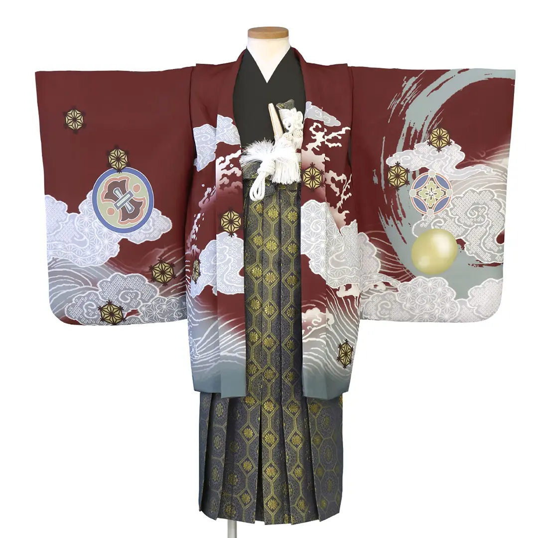 臙脂に雲龍と丸紋、藍鼠の袴／七五三・五歳男の子・袴