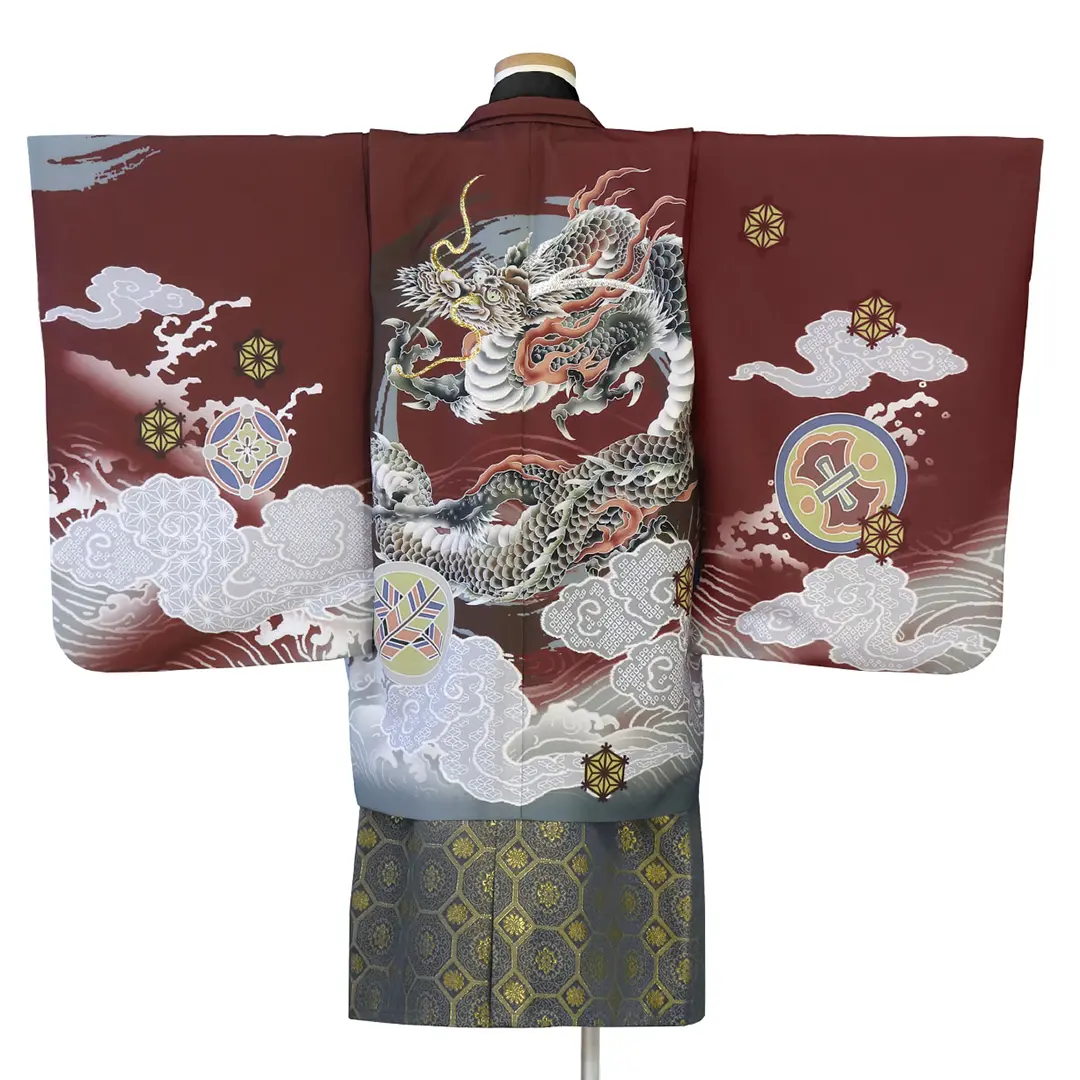 臙脂に雲龍と丸紋、藍鼠の袴／七五三・五歳男の子・袴