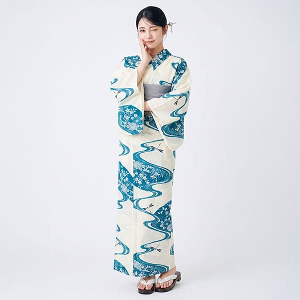 白地×藍の流水とトンボ／レディース浴衣 | 宅配着物レンタルの京都かし