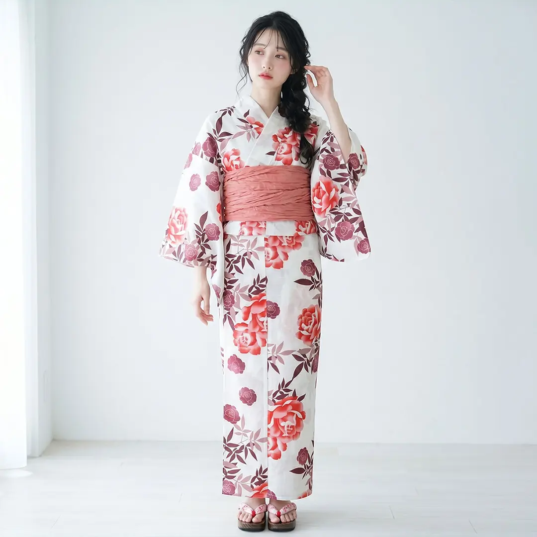 白地×薔薇（赤系）／レディース浴衣 | 宅配着物レンタルの京都かしきもの