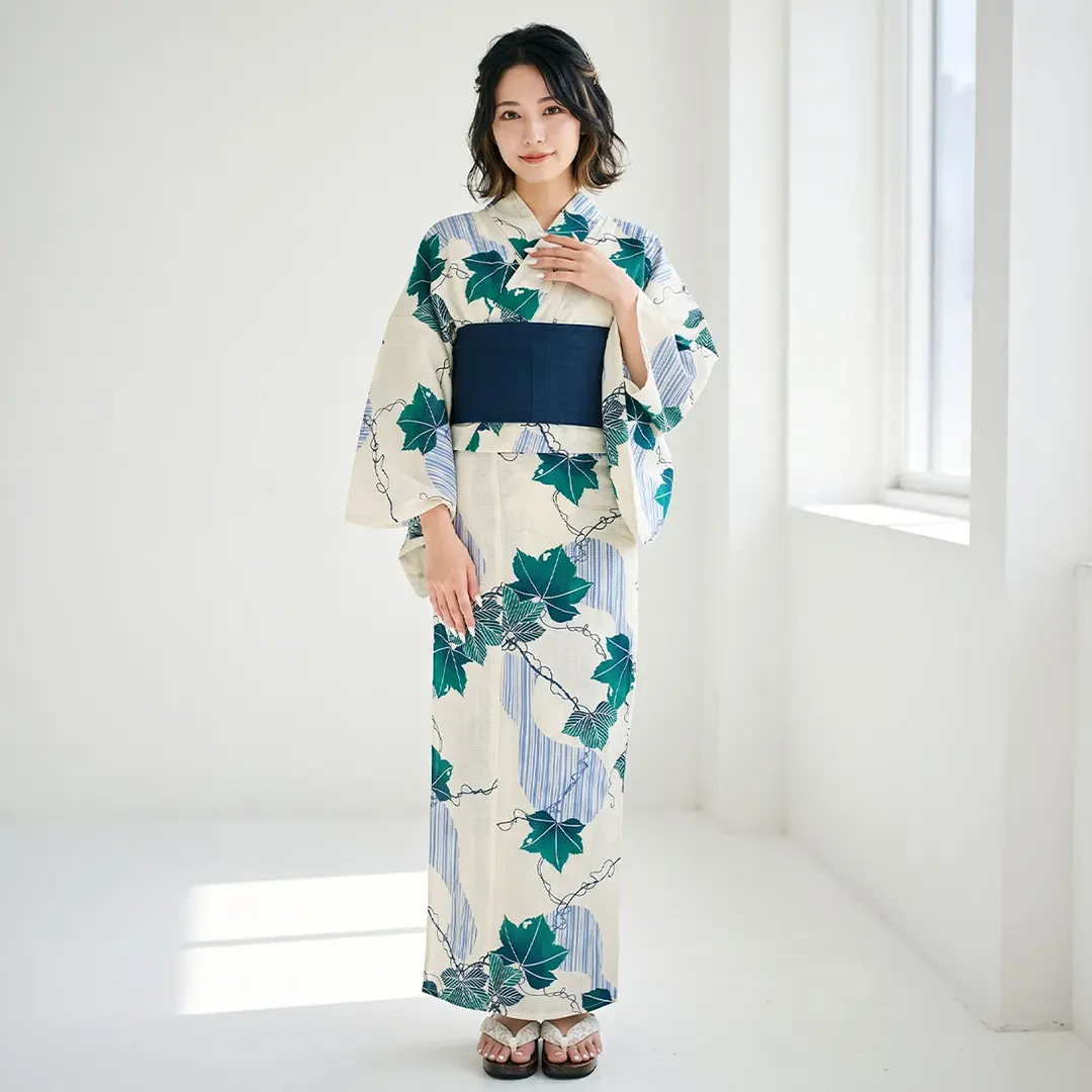 新品 綿 浴衣 反物 紺地 白 ひょっとこ ひょうたん 瓢箪 幅広 白地×ひょうたん（緑色）／レディース浴衣 | 宅配着物レンタルの京都か