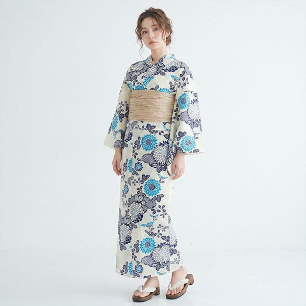 販売商品 訳アリ B品 帯なし 白地 菊（バイカラー水色） レディース浴衣 送料別