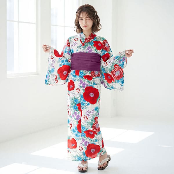 白地×洋花（赤）／レディース浴衣 | 宅配着物レンタルの京都かしきもの