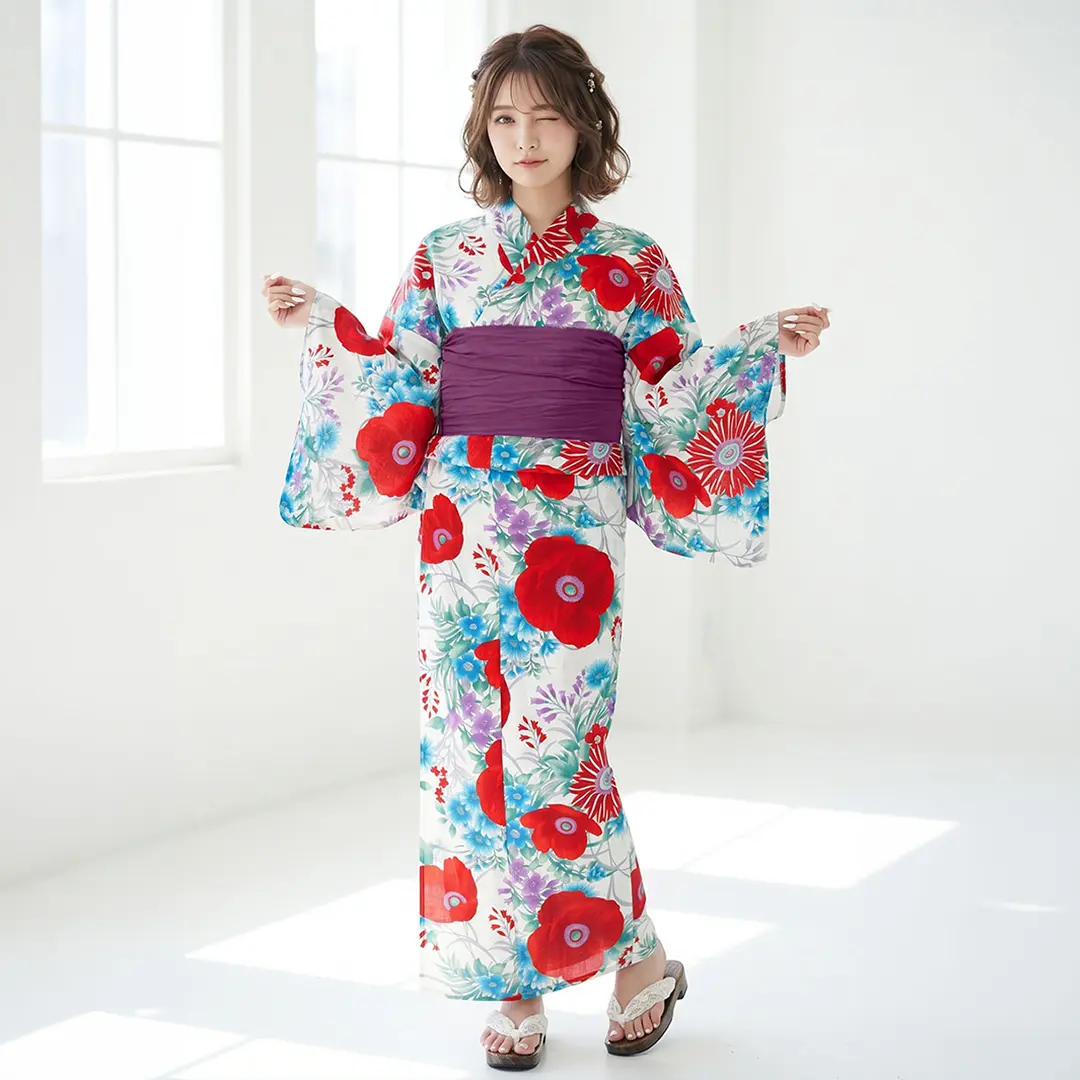 白地×洋花（赤）／レディース浴衣 | 宅配着物レンタルの京都かしきもの
