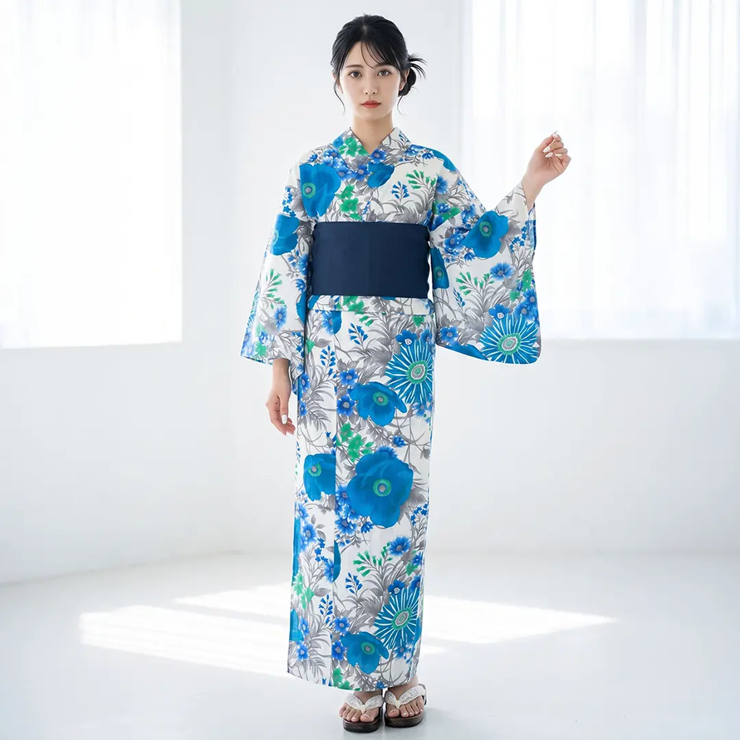 白地×洋花（青）／レディース浴衣 | 宅配着物レンタルの京都かしきもの