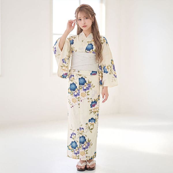 【新品/浴衣】薄い黄土色に青系と白いお花 生成×白と青の椿／レディース浴衣 | 宅配着物レンタルの京都かしきもの