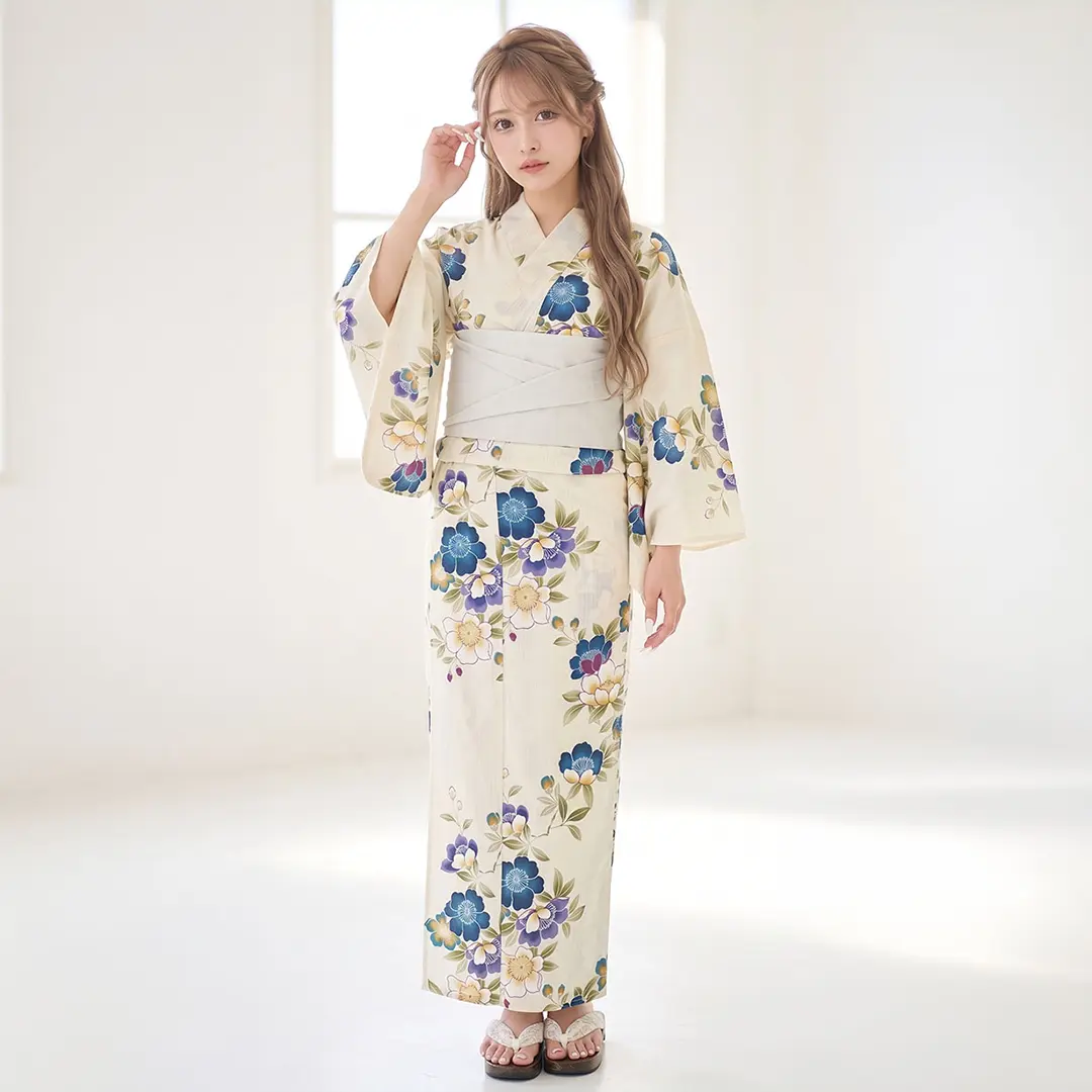 生成×白と青の椿／レディース浴衣 | 宅配着物レンタルの京都かしきもの