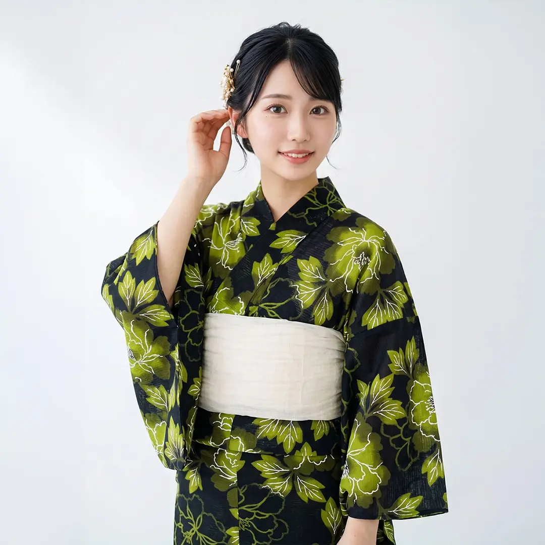 綿 仕立て上り 浴衣 黒地に牡丹柄 帯なし リメイクして洋服にしても 黒地×カーキの牡丹／レディース浴衣 | 宅配着物レンタルの京都かしきもの