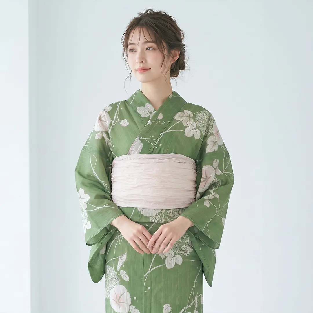 抹茶色×朝顔／レディース浴衣／着用イメージ