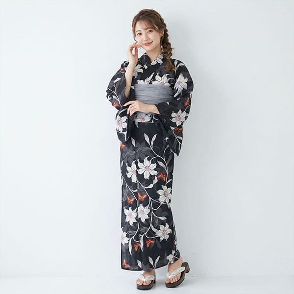 れいめろ。 すのチル 服 着物 和服 浴衣 黒地×白ユリと蝶／レディース浴衣 | 宅配着物レンタルの京都かしきもの