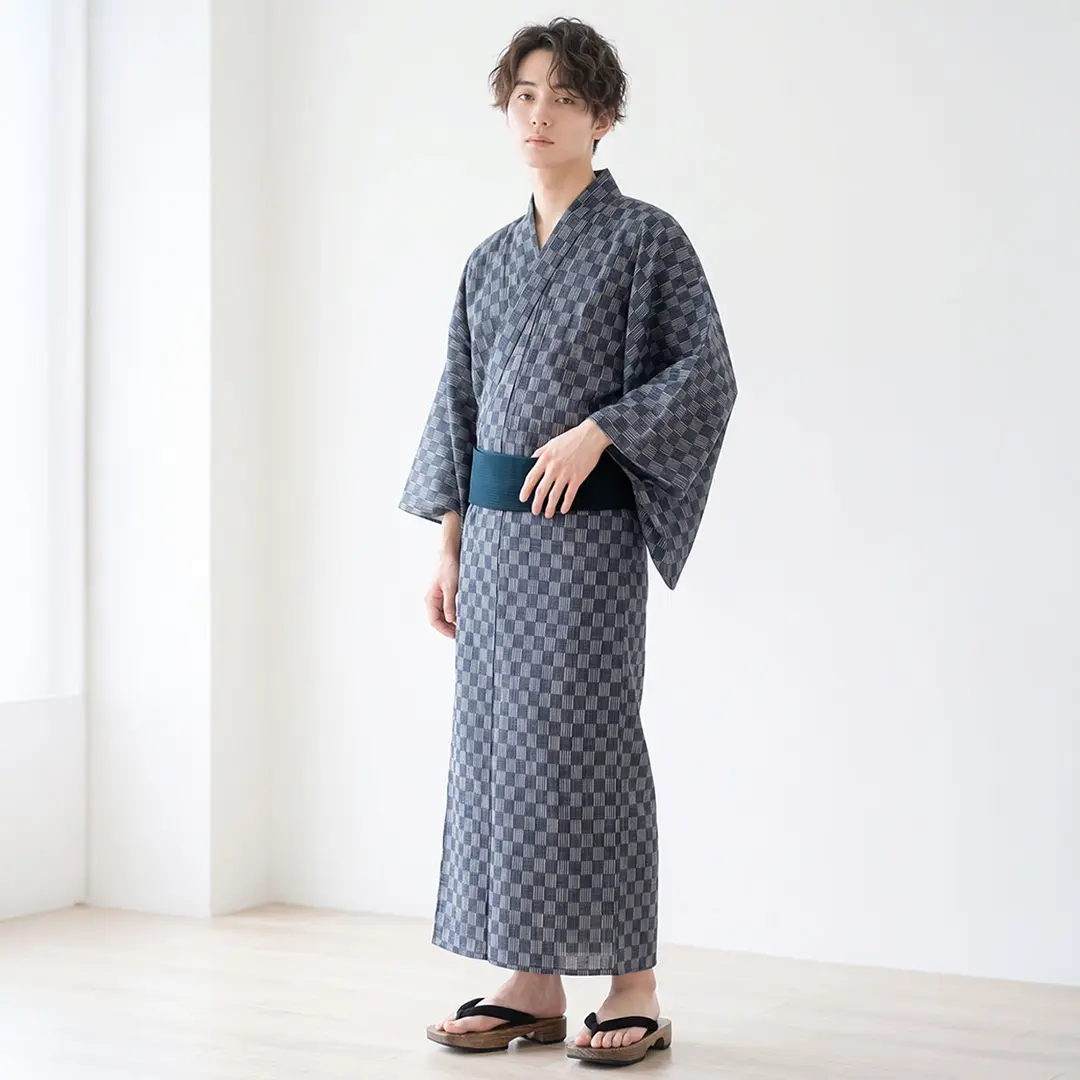 格子×紺帯 LLサイズ（対応身長175～180）／メンズ浴衣 | 宅配着物
