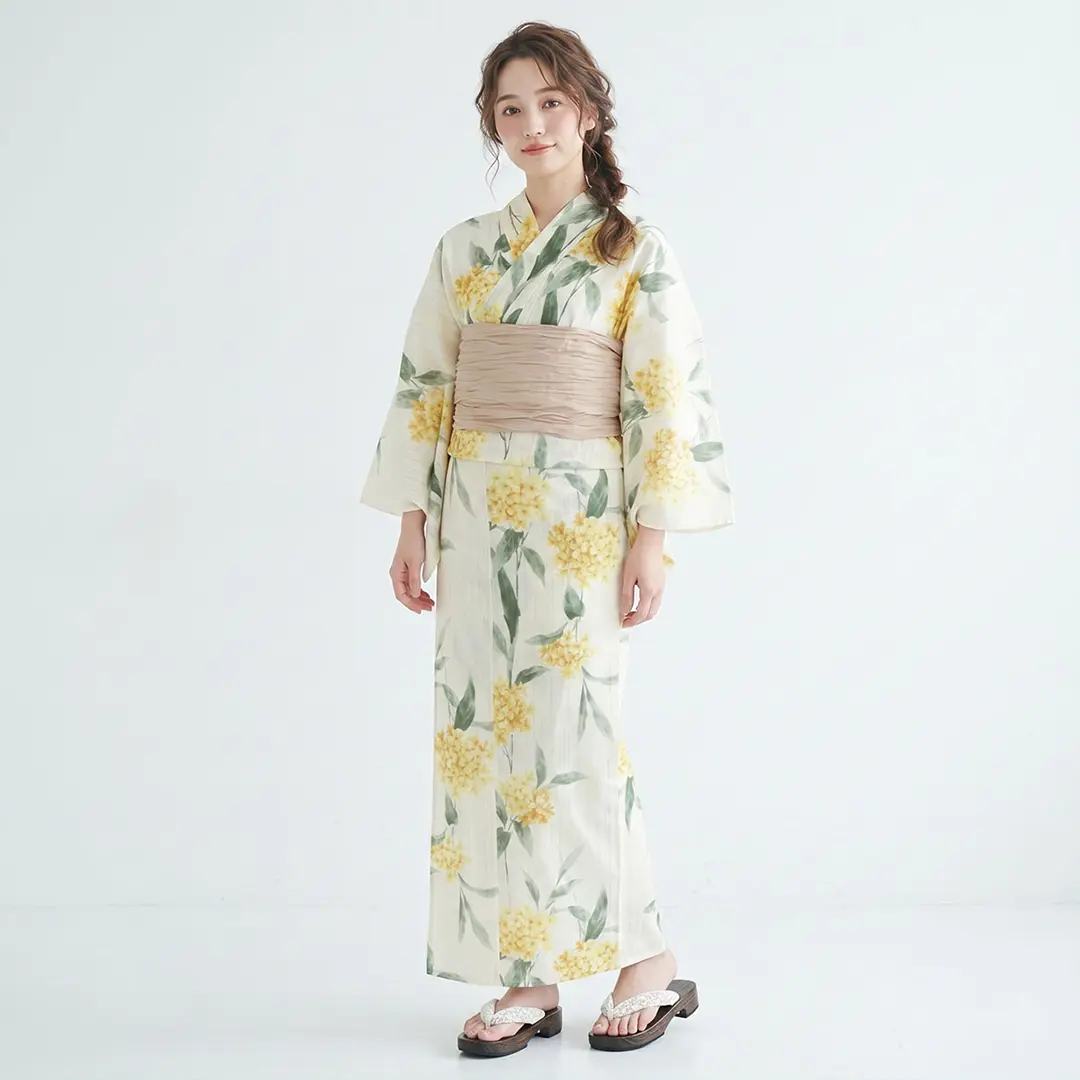 【帯が選べる】生成×黄色の紫陽花／レディース浴衣／着用イメージ