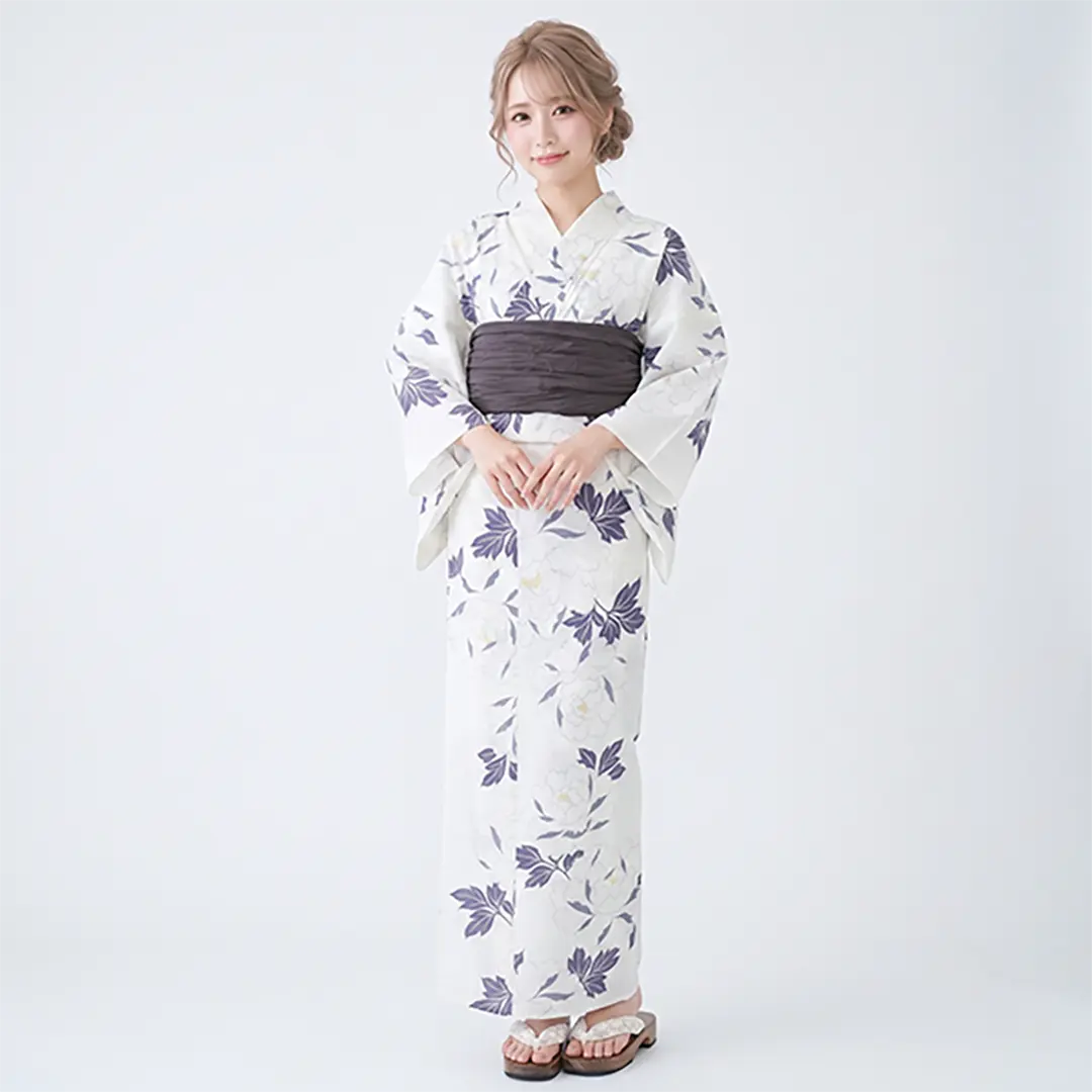 【帯が選べる】白×パープル牡丹／レディース浴衣／着用イメージ