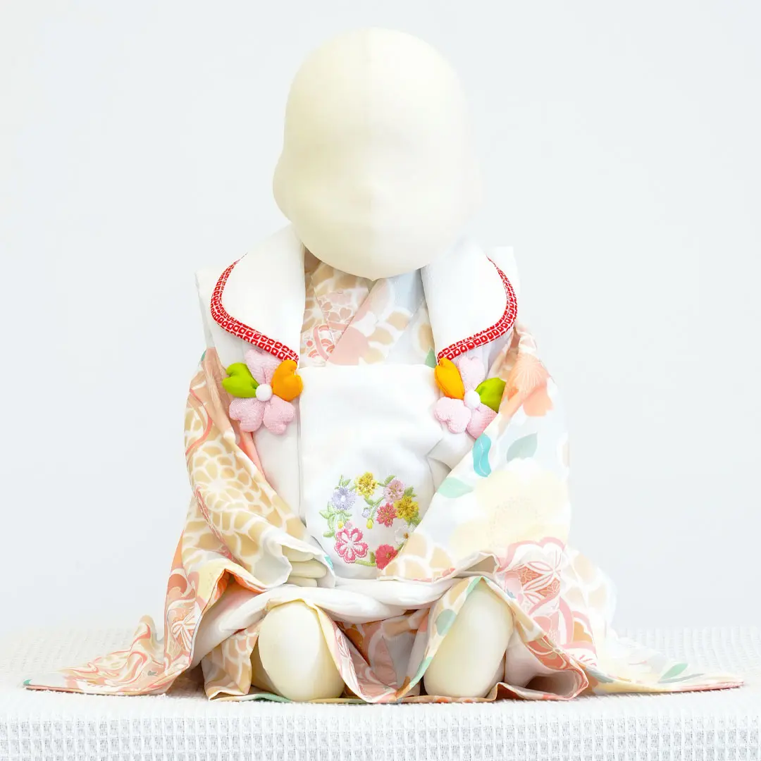 オレンジ桜と菊、白の被布コート（2ピース）／女児（ポリエステル） 正面