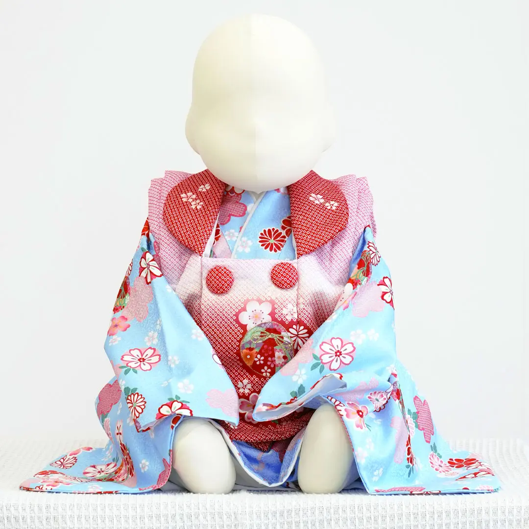 水色地に桜と鞠、赤とピンクの被布コート（2ピース）／女児ベビー（ポリエステル）／正面