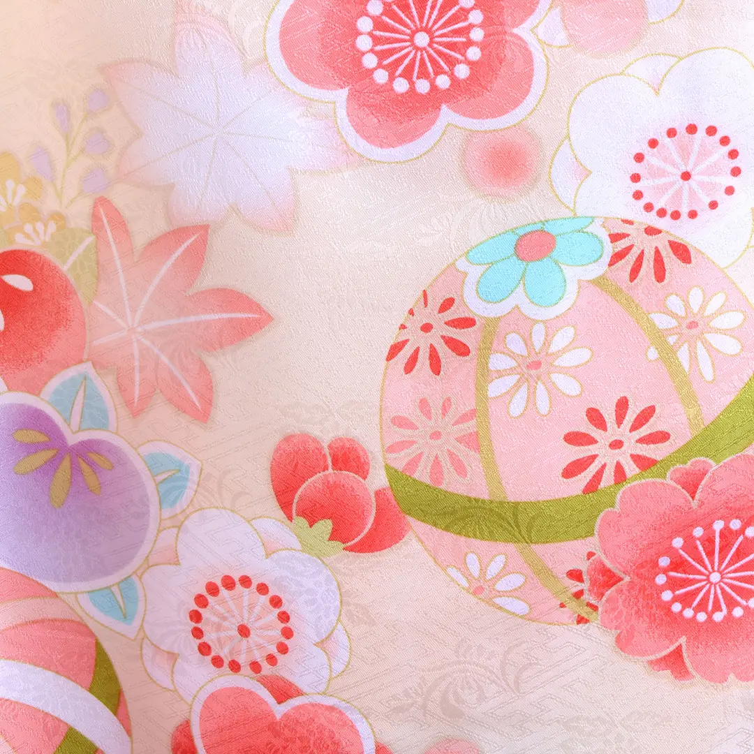 クリーム地に鞠と桜・紺袴（刺繍） （二尺袖）／卒業式／柄詳細