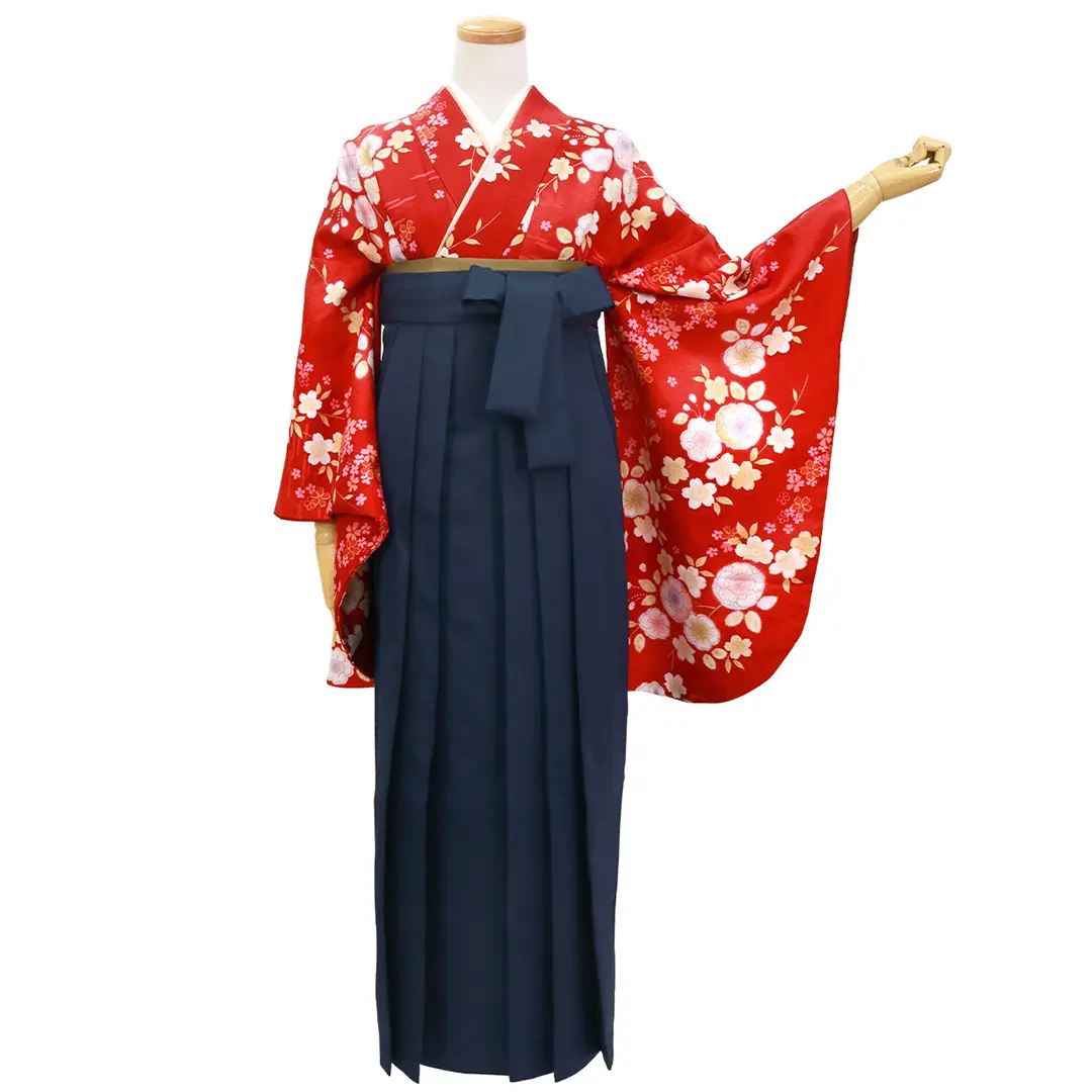 2尺袖 ポリエステル着物 紋意匠 辻ヶ花 袴向き 赤地に辻が花風・紺袴（無地） （二尺袖）／卒業式 | 宅配着物レンタル
