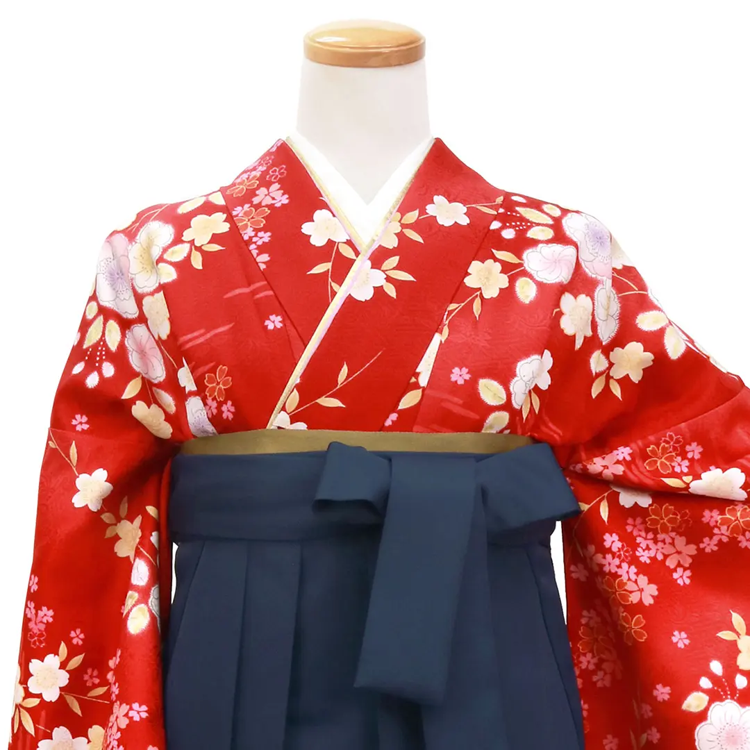 赤地に辻が花風・紺袴（無地） （二尺袖）／卒業式／正面詳細