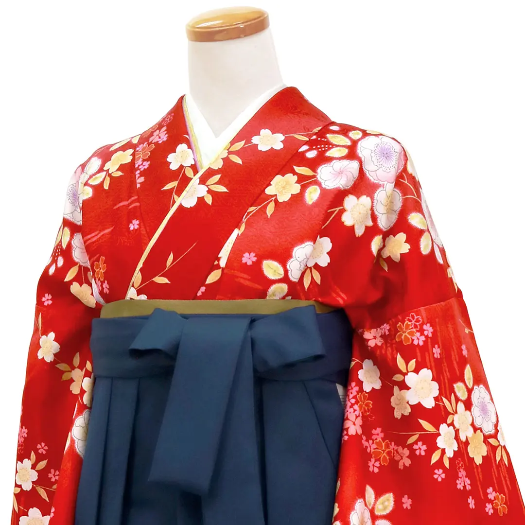 赤地に辻が花風・紺袴（無地） （二尺袖）／卒業式／斜め詳細