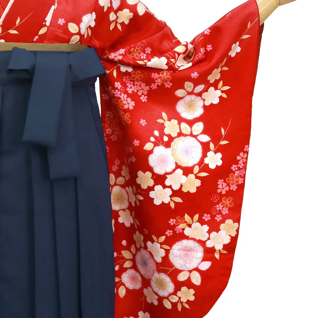 赤地に辻が花風・紺袴（無地） （二尺袖）／卒業式／柄詳細