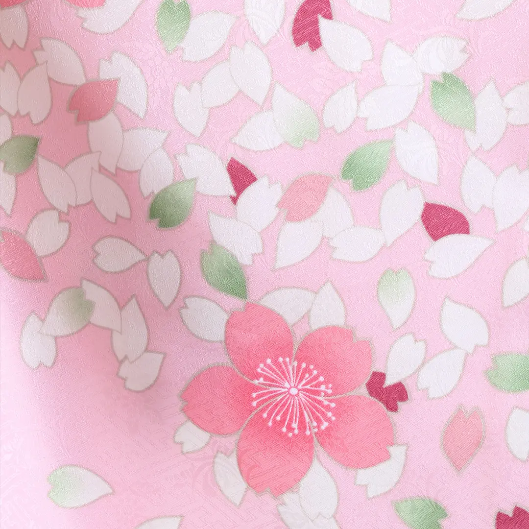 ピンク地に桜吹雪・紺袴（刺繍） （二尺袖）／卒業式／柄詳細