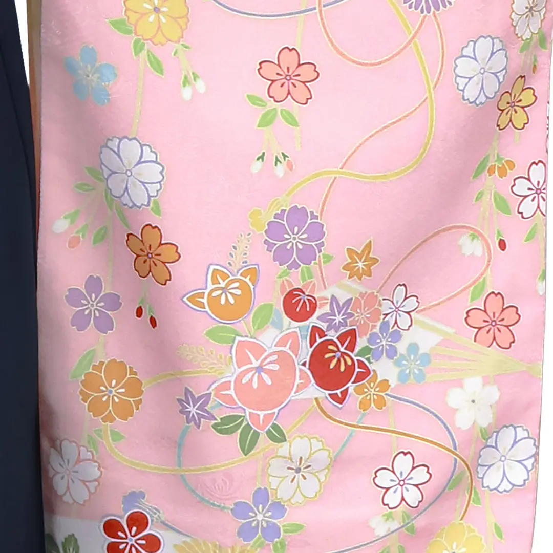 ピンク地に花扇・紺袴（無地） （二尺袖）／卒業式 | 宅配着物レンタル