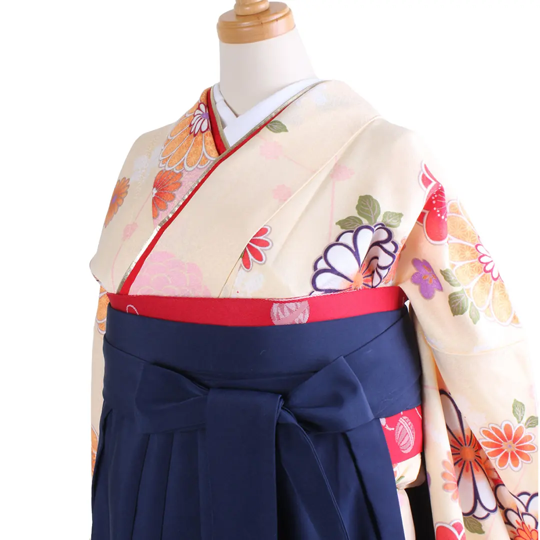 クリーム地に菊と桜・紺袴（刺繍） （二尺袖）／卒業式／斜め詳細