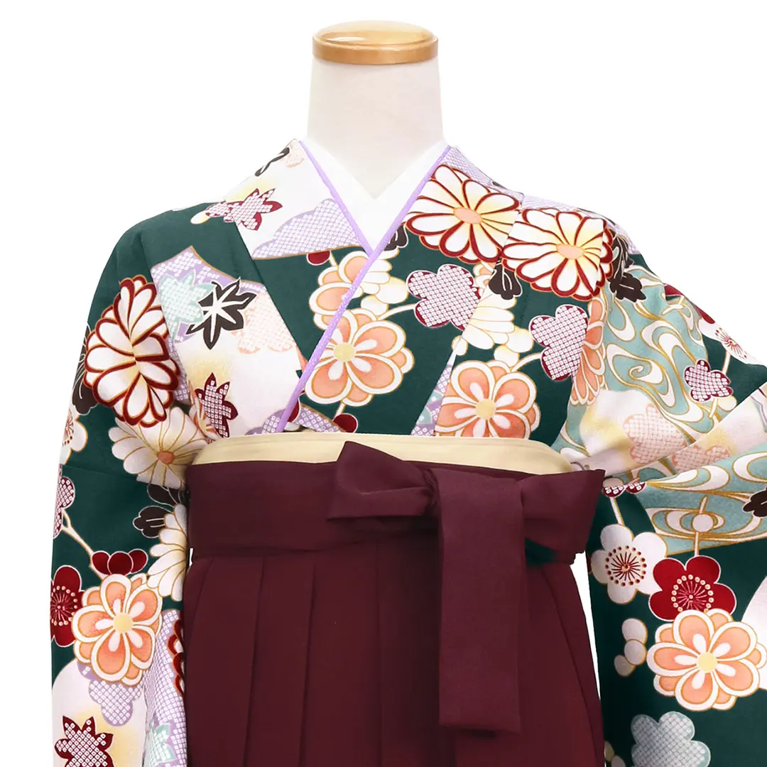 深緑地に地紙と菊・臙脂袴（無地） （二尺袖）／卒業式／正面詳細