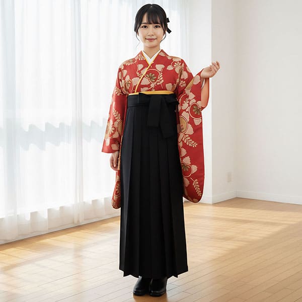 朱赤地に染め疋田と橘・黒袴（無地） （二尺袖）／卒業式 | 宅配着物