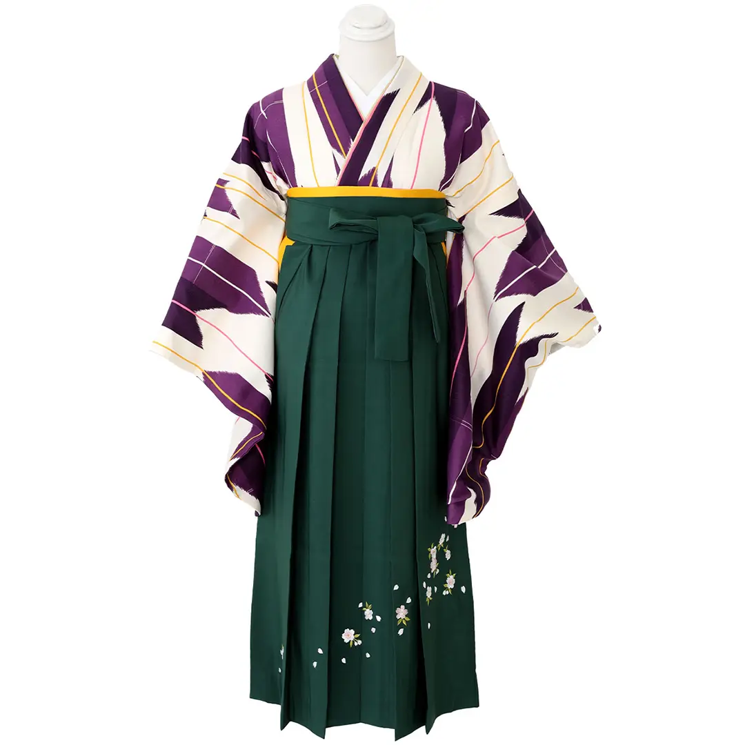 アイボリー地に紫の矢絣・緑袴（刺繍） （二尺袖）／卒業式 | 宅配着物