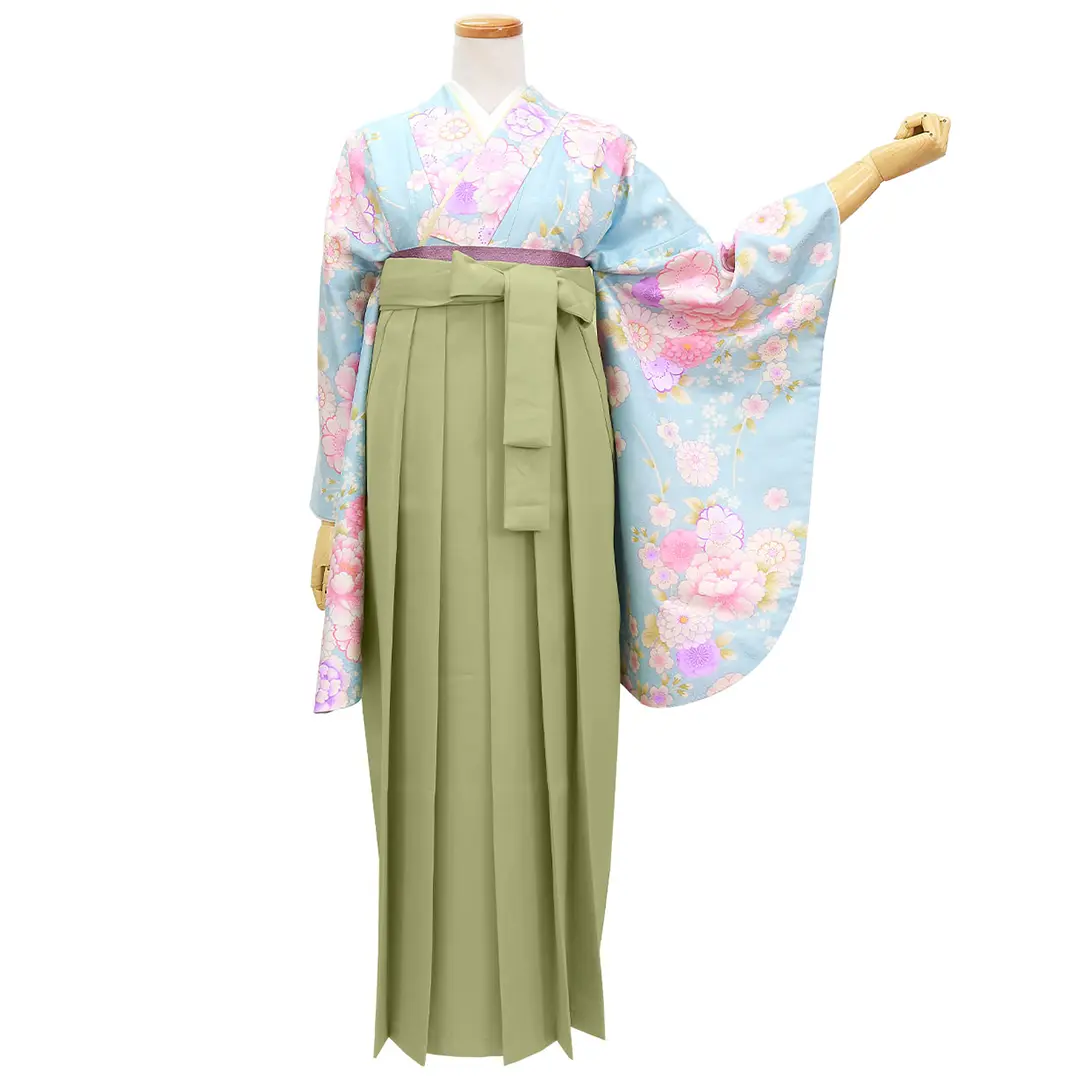 水色地に花尽くし・オリーブ袴（無地） （二尺袖）／卒業式／正面
