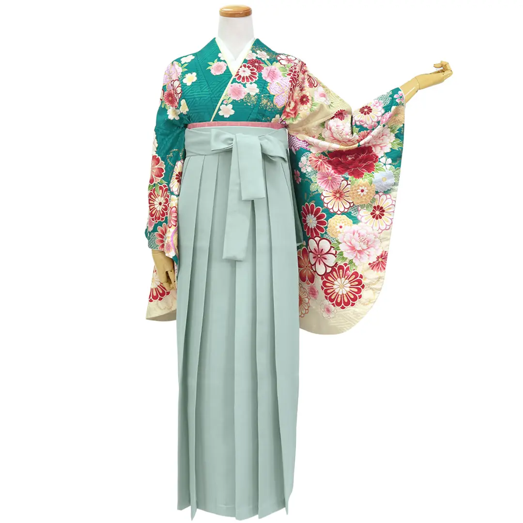 翡翠色に花尽くし・くすみグリーン袴（無地） （二尺袖）／卒業式／正面