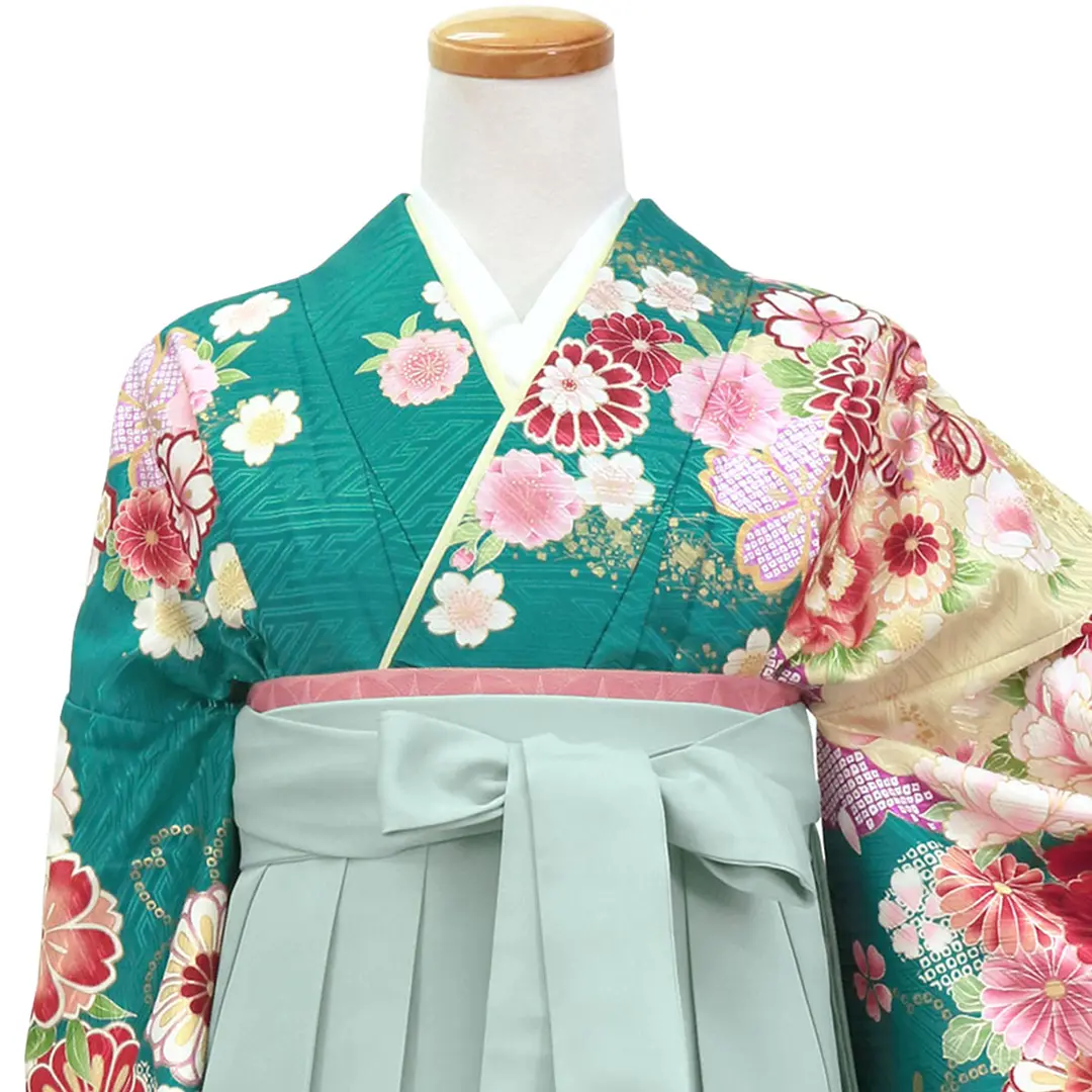 翡翠色に花尽くし・くすみグリーン袴（無地） （二尺袖）／卒業式／正面詳細