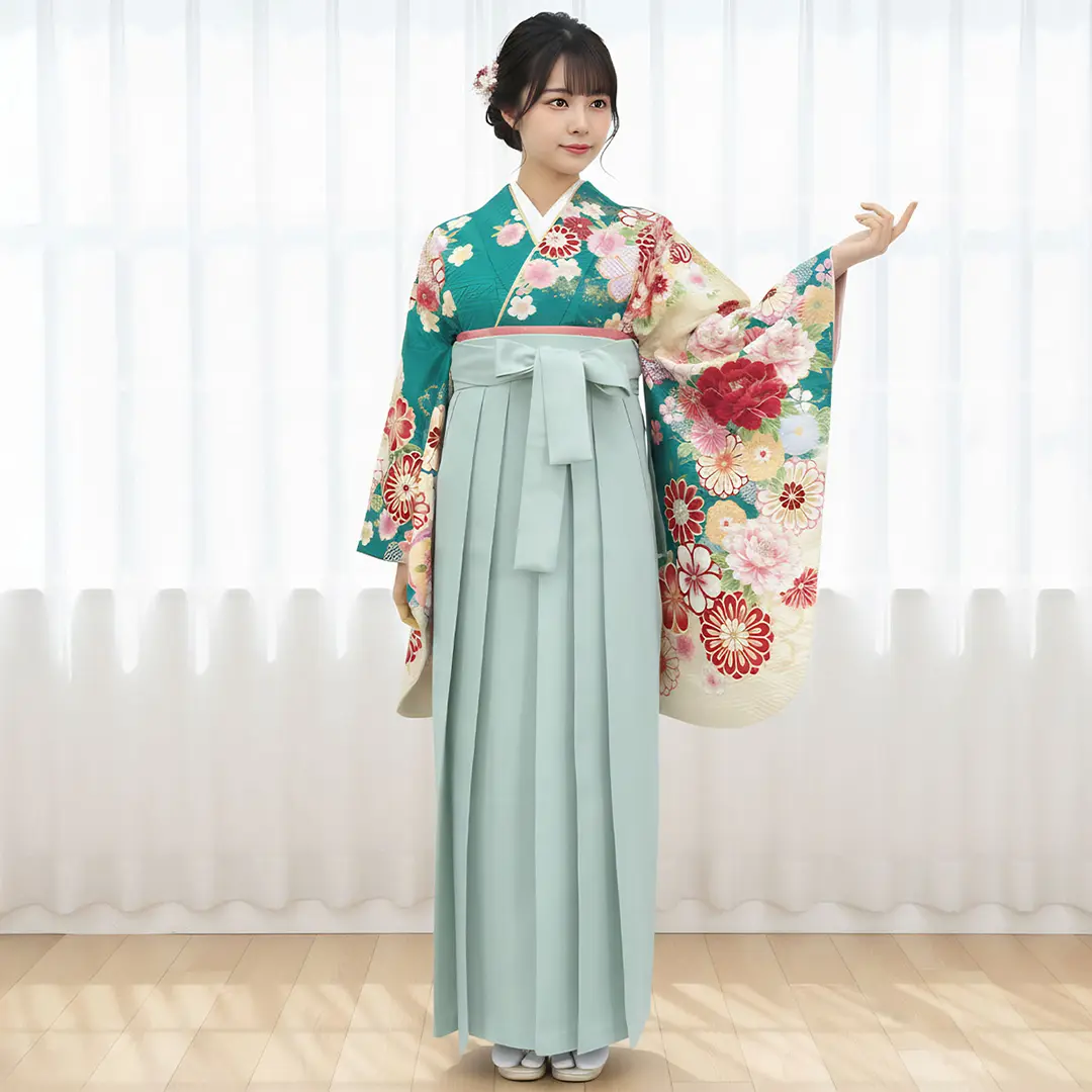 翡翠色に花尽くし・くすみグリーン袴（無地） （二尺袖）／卒業式／着用イメージ